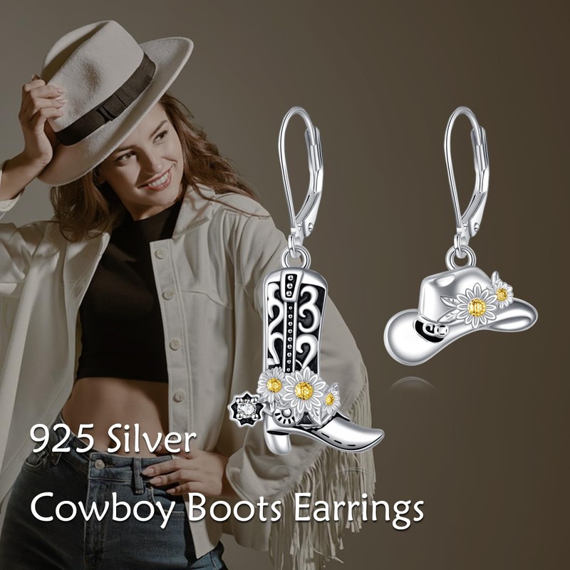 AXOMY Cowboy Earrings 925 Sterling Silver Cowgirl Boot Hat Dangle