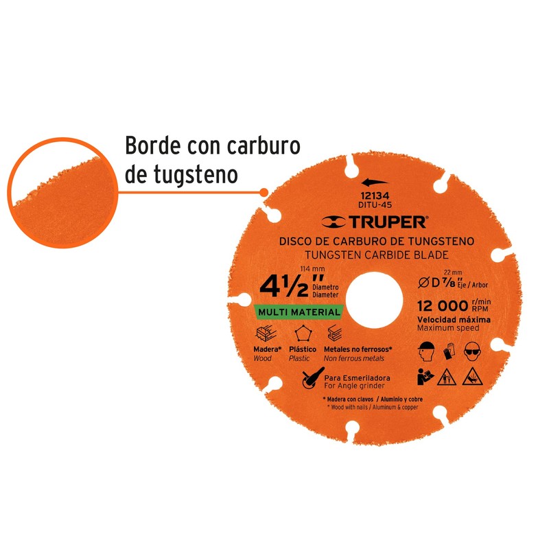 Truper DITU-45, Disco 4-1/2" multimaterial de carburo de tungsteno