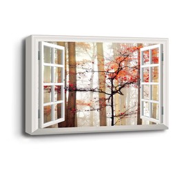 Renditions Gallery Nature Home Decor Fake Window View of Orange Misty Autumn Forest Hanging Prints for Living Room Wall Decorations - 24"X36" LT04