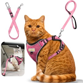 MingXpets Cat Harness and Leash for Walking, Retractable Cat Harnesses and Leash Set Escape Proof, Breathable Soft Kitten Harness Small Large Cat Harness for Travel Training and Walking, Pink, XXS