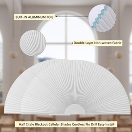 Arch Window Shade Blackout Cellular Shades Half Circle Moon Window Covering No Drill Honeycomb Cordless Blinds for Indoor Window Room Darkening Easy Install Light Blocking Blinds (1, White, 36x18inch)