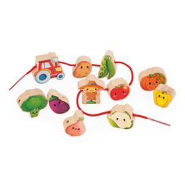 Janod - Threading Beads - Vegetable Garden Theme - Early-Learning Toy - 11 Wooden Beads + 2 Cords for Kids - Develops Dexterity - FSC Wood Toy - 24 Months +, J03313