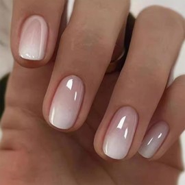 Bright White Press-On Nails - Short Square French Tip Fake Nails with Subtle Gradient Design - Full Cover Glossy Stick-On Set with Glue Safe Non-Toxic Reusable Acrylic Look 24PCS for Women