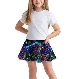 TENMET Girls Athletic Skort Stretchy Flared Pleated Casual Skater A-Line Mini Skirt Neon Paint Splatter for Golf Cheer Tennis 7-8Y