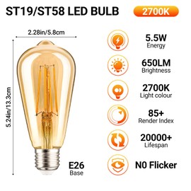 LISTOCASA ST19 Vintage LED Edison Bulbs Dimmable,5.5W(60W Equivalent),ST58 Antique LED Filament Bulbs Warm White Amber Glass,650LM,E26 Medium Base,Edison Light Bulbs,6-Pack,2700K