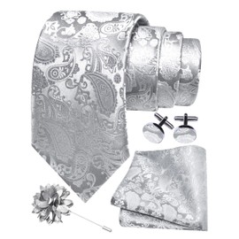 GUSLESON Light Grey Tie for Men Paisley Wedding Silver Necktie Pocket Square Cufflinks and Lapel Pin Brooch Set (6105-13)