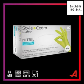 AMPri Med-Comfort Cedro Nitrile Gloves, Green, Pack of 100, Size L, Powder-Free, Style Cedro Disposable Gloves, Disposable Gloves in Sizes XS, S, M, L, XL