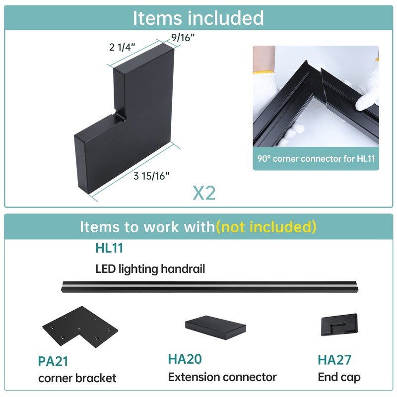 Muzata HL11 LED Handrail Accessories - 2Pack Aluminum Corner Connector