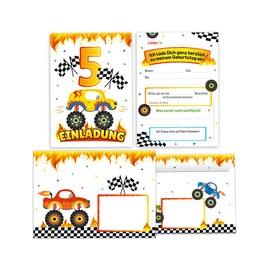12 Invitation Cards for 5th Children's Birthday Boys Monster Truck Car Invitation for Fifth Birthday Including 12 Envelopes, 12 Party Bags/Natural, 12 Stickers
