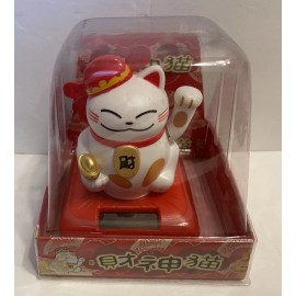 Cal Mart Gifts Solar Powered  Maneki Neko Welcoming Lucky Beckoning Hands Waving Cat W/hat 4”