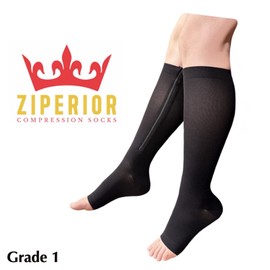 Ziperior Open Toe 15-20 mmHg Compression Grade Calf Pain Leg Inside Zipper Socks (Black, Large-X-Large)