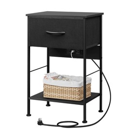 WLIVE Night Stand with Charger Station, Small Nightstand with 1 Fabric Drawer and Open Wood Shelf, 25" H Bedside Table for Bedroom, 2-Tier Storage Side Table for Dorm, Entryway, Black
