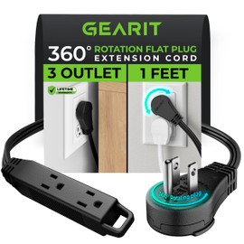 GEARit 360 Rotating Flat Plug Extension Cord (12ft, Black) Multi 3-Outlet Extension 16 AWG Wire, Adapter for Small Spaces, Right Angle Socket, ETL Certified - 12 Feet