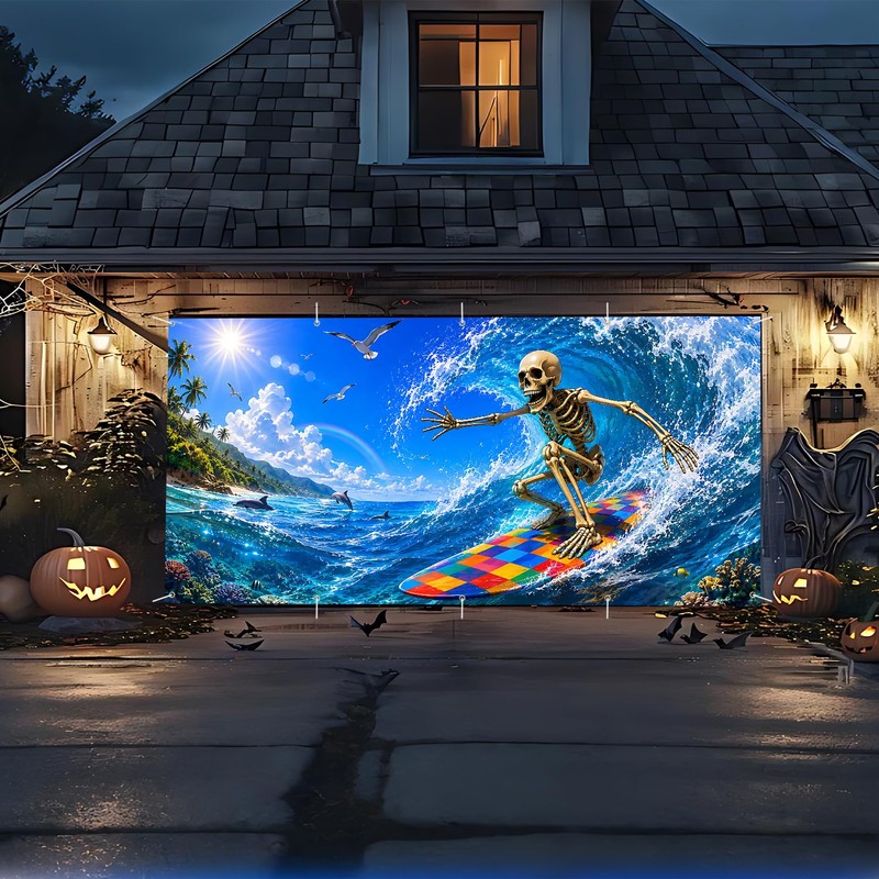 Summer Halloween Garage Door Cover, 16x7 Ft Surfing Skeleton Banner