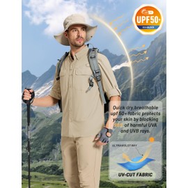 TACVASEN Button Down Shirts Men Long Sleeve Fishing Hiking Shirts UV SPF UPF 50+ Sun Quick Dry Work Camping Zip Pockets Tshirts LightKhaki