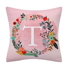 Fullfun Alphabet Letter Cushion Covers, Pink Double Sided Flower and Letter Printed Throw Pillow Covers Soft Polyester Decorative Pillow Cases for Sofa Couch Bedroom Home Decor (1PC, 45cm x 45cm)