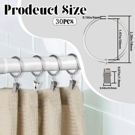 Sekonow 30 Pack Curtain Rings with Clips, 2" Diameter Heavy Duty Metal Curtain Hooks for Drapes, Drapery Shower Curtain Clips Hangers, Fits up to 1.8" Rod, Silver