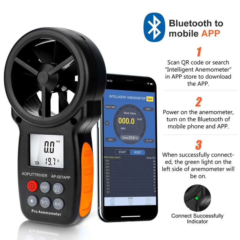 Handheld Anemometer Wireless Bluetooth Anemometer, AP-007APP Wind Speed Meter Measure