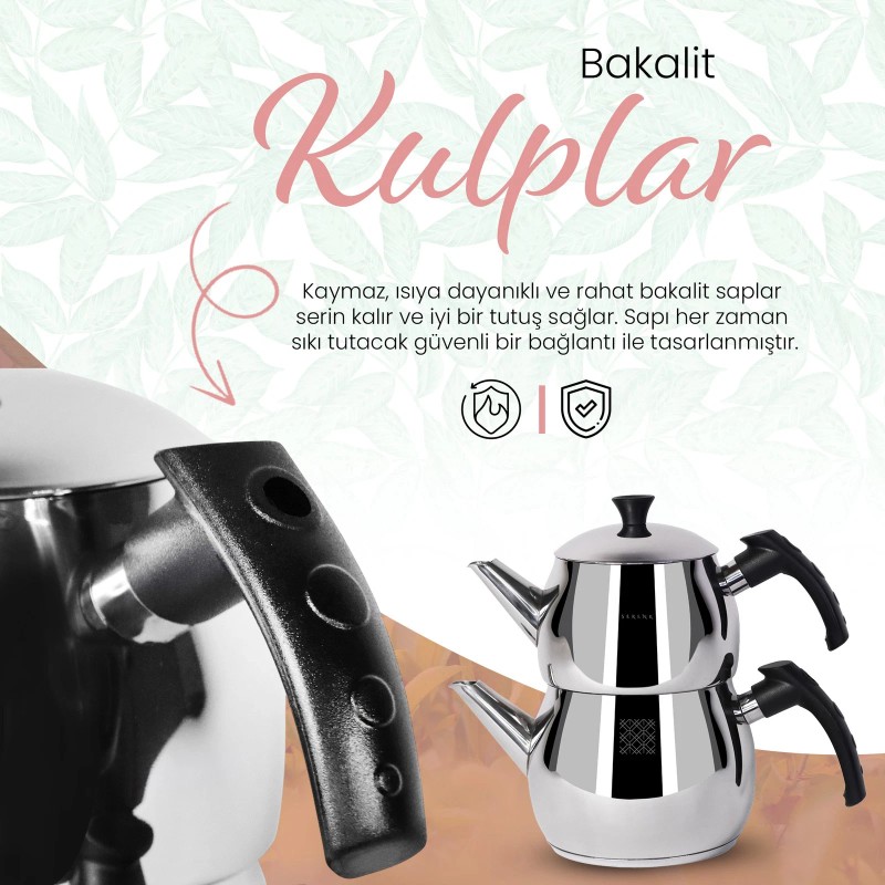Serenk Traditional Turkish Tea Pot, Stainless Steel Double Tea Pots,