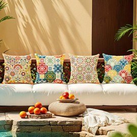 Outdoor Waterproof Throw Pillow Covers Set of 4 Floral Printed and Boho Farmhouse Outdoor Pillow Covers for Patio Funiture Garden 18x18 Inch