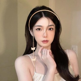 AHONEY Butterfly Rhinestone Headband Gold Head Chain Tassels Rave Wedding Fairy Crystal Metal Headpiece Hair Accessories for Women (Simple Gold Butterfly)