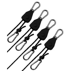 Keovoker 4Pack Retractable Ratchet Tie Down Straps, 13 Ft 1/8” Adjustable Rope Hanger, Heavy Duty Ratcheting Pulley System with 2 Carabiner Hook, for Tent, Hanging Plants, Grow Lights, Black