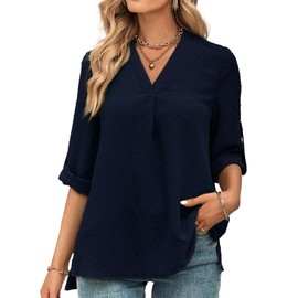 Blouse Women's 3/4 Sleeve V-Neck Elegant Tops Casual Swiss Dot Tops Tunic, navy