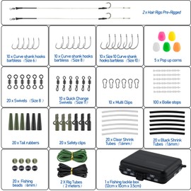Dr.Fish Set of 280 Carp Fishing Tackle Accessories in Box 2 Ready Hair Rigs Fishing Gift Safety Clips Swivel Snap Corn Tubing, Green Black