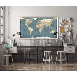 WELMECO Large Office Wall Decoration Rustic Detailed World Map Canvas Prints Vintage Push Pins Travel Map of The World Retro Picture Artwork for Home Office Living Room Decor (01 Retro Nature)