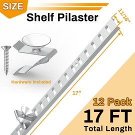 Powrocket 12 Pcs 17 Inch Shelf Pilaster and 12 Pcs Shelf Clips with Suction Cups, Adjustable Shelf Brackets, Metal Wall Mounted Shelf Rail, Mortise Mount Pilaster Strip for Bookcases, Closet, Cabinet