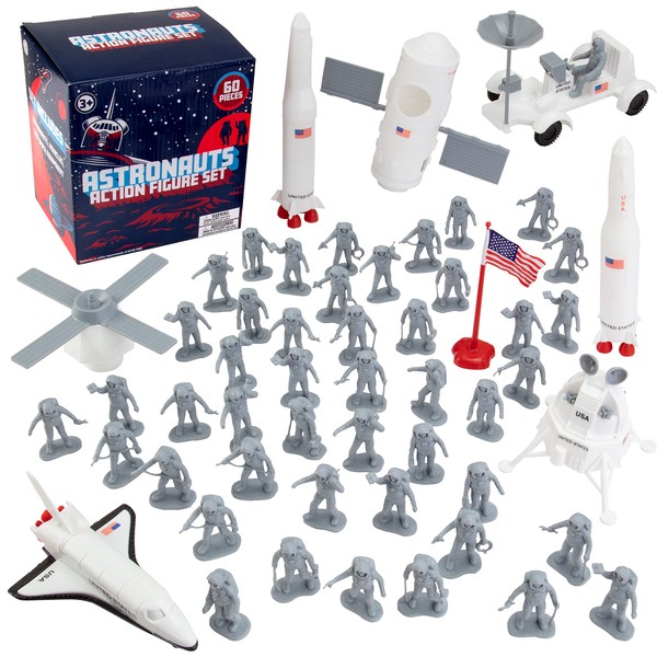 Astronaut and Space Toy Action Figure Playset- 60 Piece set includes Astronauts, Rockets, Spaceship Shuttle, Rovers, Satellites and More - Great for imaginative play, school projects and dioramas