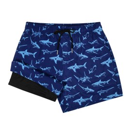 Mywu Mens Swim Trunks with Compression Liner 5 Inch Board Shorts Quick Dry Swimwear 2 in 1 Beach Shorts Bathing Suit Blue/Shark