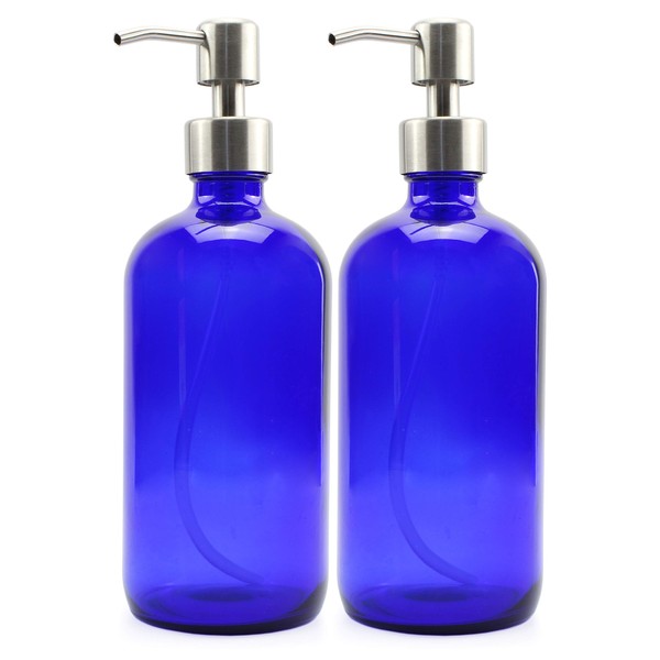 Cornucopia 16-Ounce Cobalt Blue Glass Bottles w/Stainless Steel Pumps (2-Pack), Soap Dispenser w/Lotion Pumps for Essential Oil Bottles, Lotions, Liquid Soap, and More