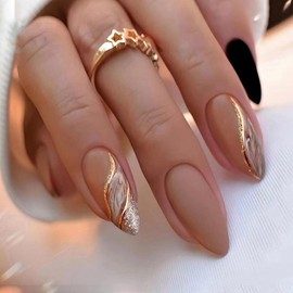 24-Piece Marble Press-On Nails, Curve Line Design, Glossy Brown Glitter, Sparkly Gold River Manicure Art, Almond Shaped, False Nails