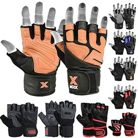 MRX Weight Lifting Pro Level Gloves with 18 Inches Long Wrist Strap Gym Workout Exercise & Fitness Black Brown (Large)