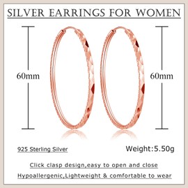 Estrellique 925 Sterling Silver Hoop Earrings for Women, Hoop Earrings Large Earrings in 40/50/60 mm Diameter, Hypoallergenic Huggie Lightweight Round Circle Earrings, 3 Pairs Silver 925 Hoop Earrings