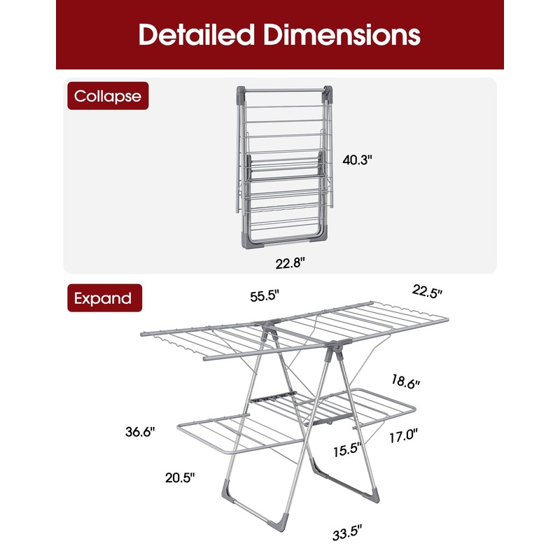 Sakugi Clothes Drying Rack, Foldable 2-Level with 55.5" Adjustable Wings