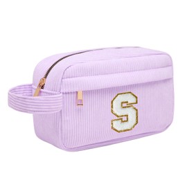 Initial Makeup Bag, Corduroy Cosmetic Bag, Travel Toiletry Bag with Metal Zip, Portable Makeup Bag for Women, Organiser, Christmas Birthday Gifts for Women, Girls, Pink, purple, S