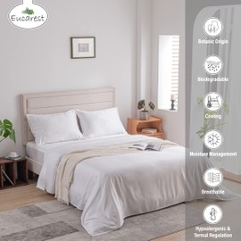 Eucalyptus Lyocell Bed Sheets, Hypoallergenic 100% Organic Tencel, Thermal Regulating and Moisture Wicking for Hot Sleepers, Superior Thread Quality, Extra Deep Pockets Queen Size - White