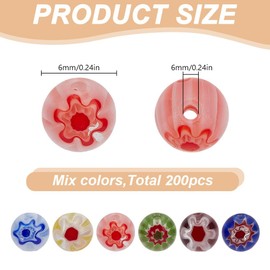HOBBIESAY About 200Pcs Flower Glass Round Beads 6mm Millefiori Lampwork Glass Beads Colorful Flower Loose Beads Flower Glazed Beads for Jewelry Making Hole: 1mm