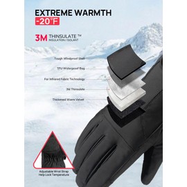 TRENDOUX Gloves Men, Thermal Waterproof Ski Gloves Winter Women With Touchscreen, Thick Durable Windproof Coldproof Work Gloves With Wear-Resistant Microfiber, Warm Insulated Running Gloves - Black L