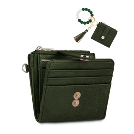 Sunpour Small Wristlet Wallets for Women Keychain Wristlet Wallet RFID Blocking Key Chain Wallet With Zipper Coin Pocket,2 Id Window (Dark Green)