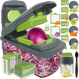 Ourokhome Veggie Chopper and Dicer with Container, Manual Hand Food Mandolin Slicer with 4 in 1 Handheld Vegetable Spiralizer for Zucchini, Potato, Onion, Essential Kitchen Gadgets (12 in 1, Gray)