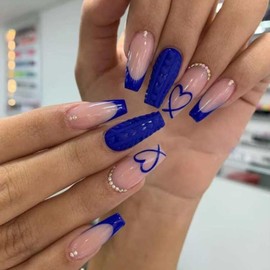 Blue French Tip Press on Nails Long Square Valentines Day Fake Nails with Glue Blue Love Heart Design Rhinestone Charms False Nails Valentine Glue on Nails Artificial Stick on Nails for Women Girls