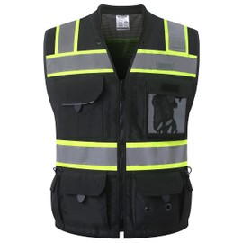 JKSafety Hi-Vis Black Surveyor Safety Vest for Men Women High Visibility Reflective Construction Work Vest Mesh Cushioned Collar Heavy Duty PPE Inner Pockets ANSI/ISEA Compliant(188-Black XXL)