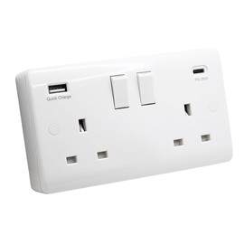 SHPELEC® 2 Gang White Switched Socket with 20W USB A+C PD Ultra-Fast Charge + Back Box | Curved Edge Wall Outlet | 13A, 230V |(2G Socket with 20W PD20 USB A+C + Back Box, 1 Pack)