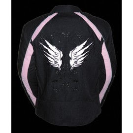 Women's Motorcycle Black Textile Vented Jacket W/Stud Reflective Wings & Piping (M Pink)