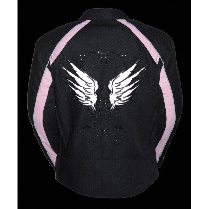 Women's Motorcycle Black Textile Vented Jacket W/Stud Reflective Wings &