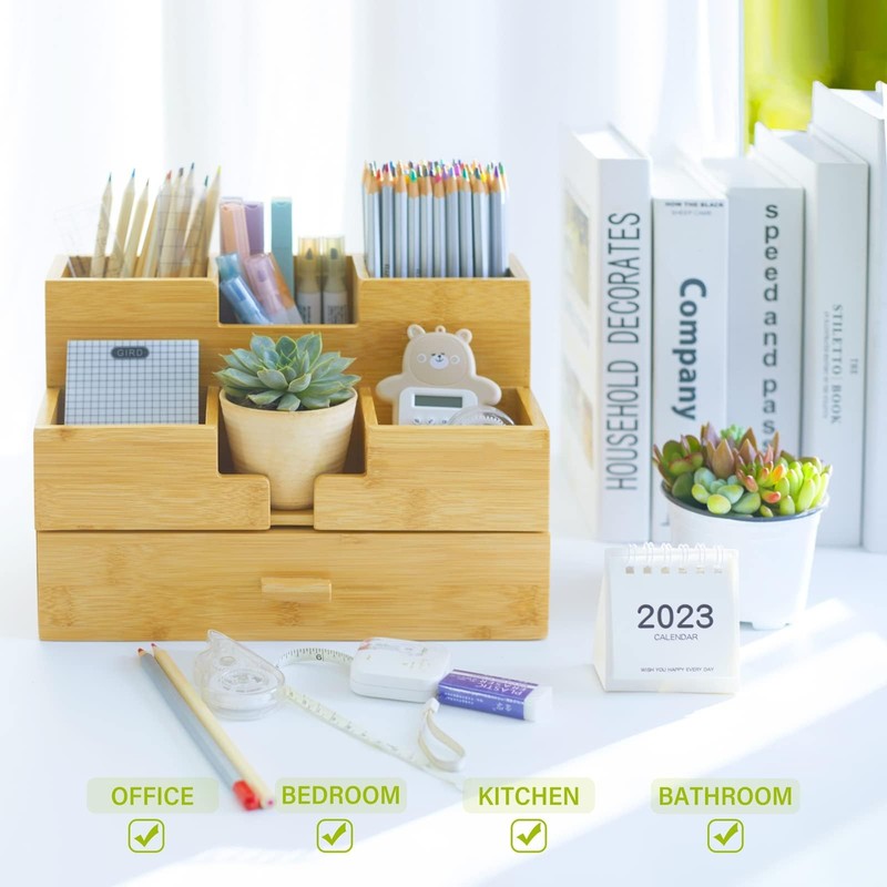 Charmlife Bamboo Desk Organizer - Makeup & Pen Storage with
