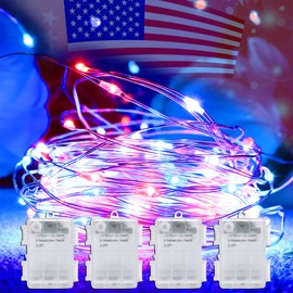 Yayfazy 4th of July Decorations Outdoor/Indoor Timer Fairy String Lights,4PACK 400Led Copper Wire Red/White/Blue IP67 Waterproof Battery Operated Patriotic Lights for Memorial Day,Independence Day